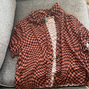 brown and black checkered button up blouse- size L